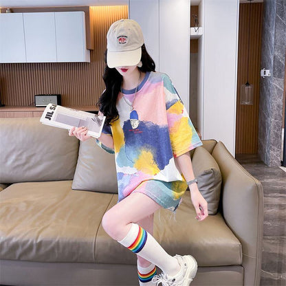 売り切れ必至 絞り染め ファッション プリント 2色選択 半袖Tシャツ＜F-8573＞