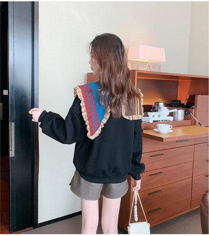 【秋の初めの割引！！】好感度UP   折り襟 配色 スウェット長袖Tシャツ＜F-3999＞
