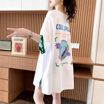 【半額！期間限定！！】デザインセンスニッチなミドル丈半袖Tシャツ新スタイル<F-3007>