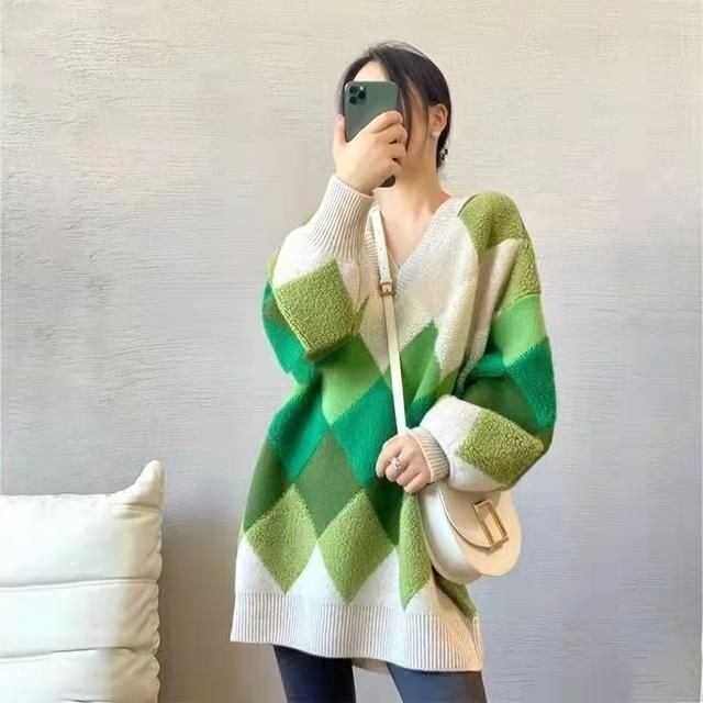 超人気ダイヤ柄ニットセーター厚手ゆったり全2色＜F-4654＞