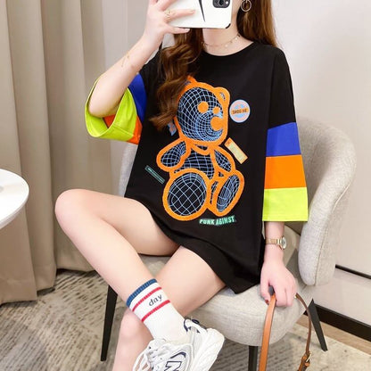 超人気商品   ベアー柄 プリント ロング Tシャツ ゆったりワンピース ＜F-4024＞