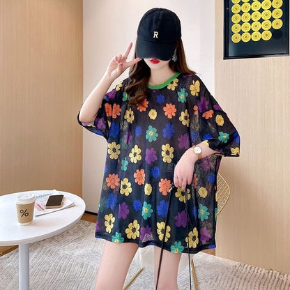 大人可愛い 半袖 紫外線対策 ラウンドネック ルーズ Tシャツ ＜F-8642＞