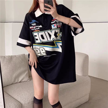 韓国系   POLOネック ロング Tシャツ 三色 ゆったりワンピース＜F-4025＞