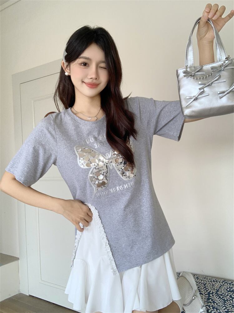 絶対欲しい キュート 超人気 ピンク プリント スパンコール 3色選択 半袖Tシャツ＜F-8570＞