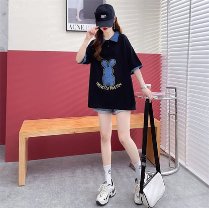 韓国系   POLOネック 三色 ゆったり半袖 ＜F-3056＞