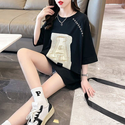 超人気商品 ロング アルファベット プリントTシャツ 三色 ゆったり半袖 ＜F-4019＞