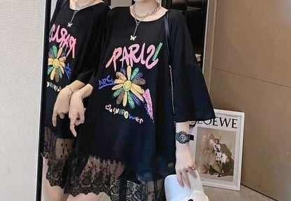スウィート   レース プリント ロングTシャツ ゆったり半袖＜F-2952＞