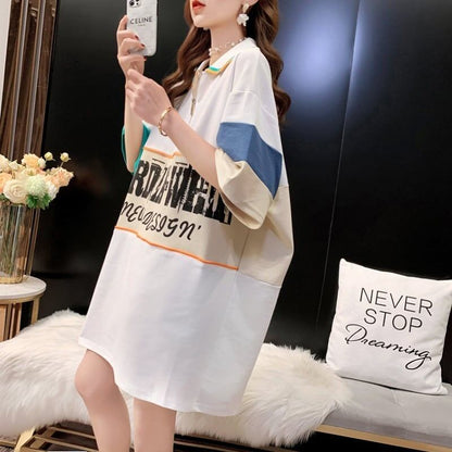韓国系 切り替え POLOネック ファスナー ロング Tシャツ 二色 ゆったりワンピース ＜F-3015＞