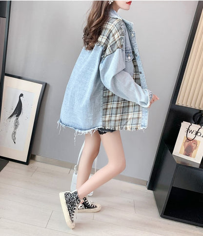 絶対流行 ファッション 活躍する優秀アイテム チェック柄 切り替え デニム Tシャツ ＜F-9264＞