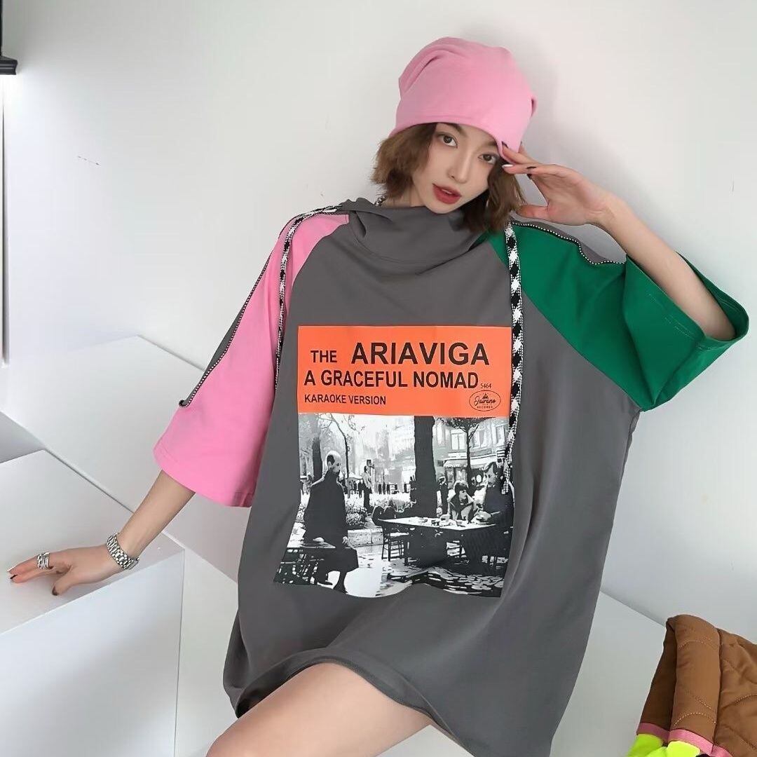 売り切れ必至 プリント カジュアル 切り替え 半袖Tシャツ カットソー＜F-8257＞