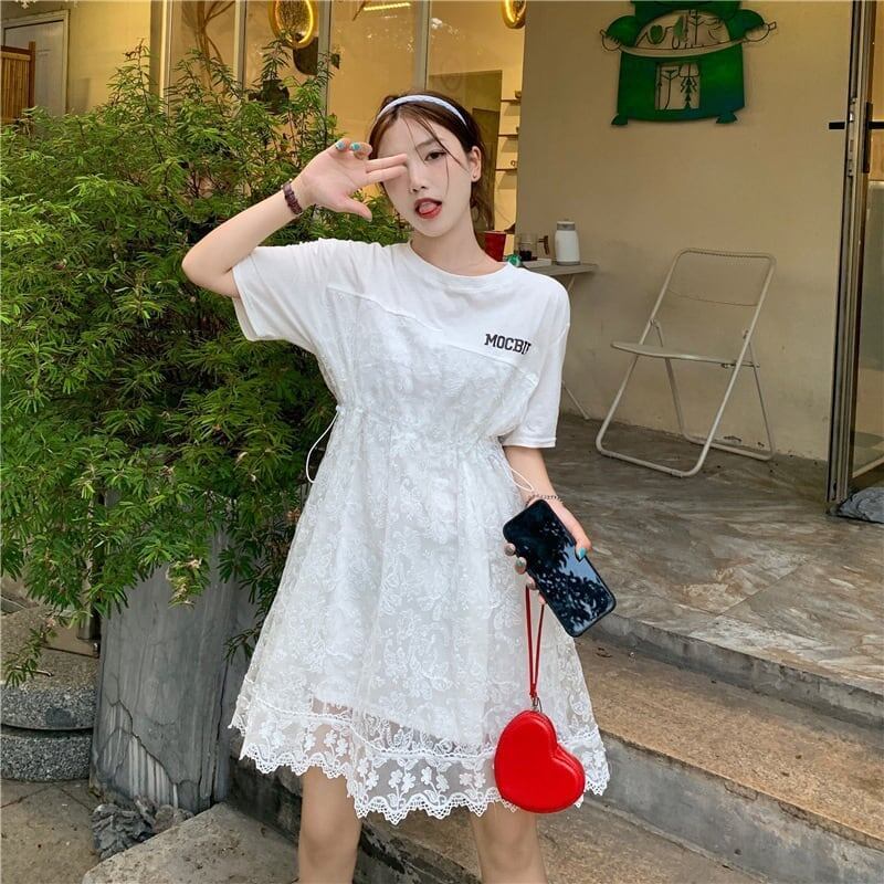 売れ筋   レース 膝丈 半袖 Tシャツワンピース ＜F-1953＞