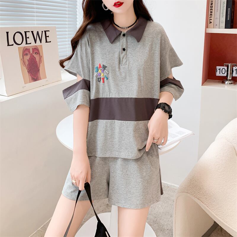 おすすめ 切り替え カジュアル 半袖Ｔシャツⅹパンツセット全2色 <F-8281>