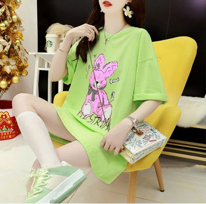 背中開きルーズオールマッチミドル丈ラウンドネック半袖Tシャツ<F-3027>