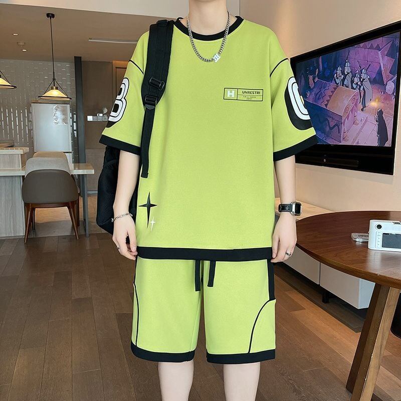 早い者勝ち カジュアル ファッション 切り替え 全3色 半袖ＴシャツⅹパンツセットF-8950