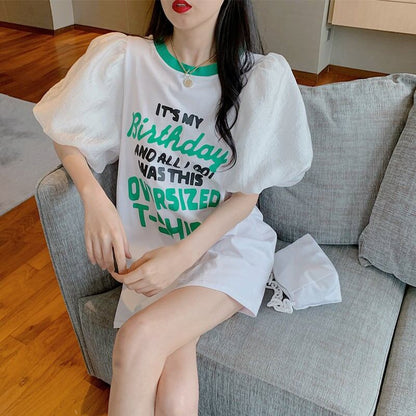 話題沸騰中 パフスリーブ ファッション プリント 全2色 半袖 Tシャツ <F-8662>