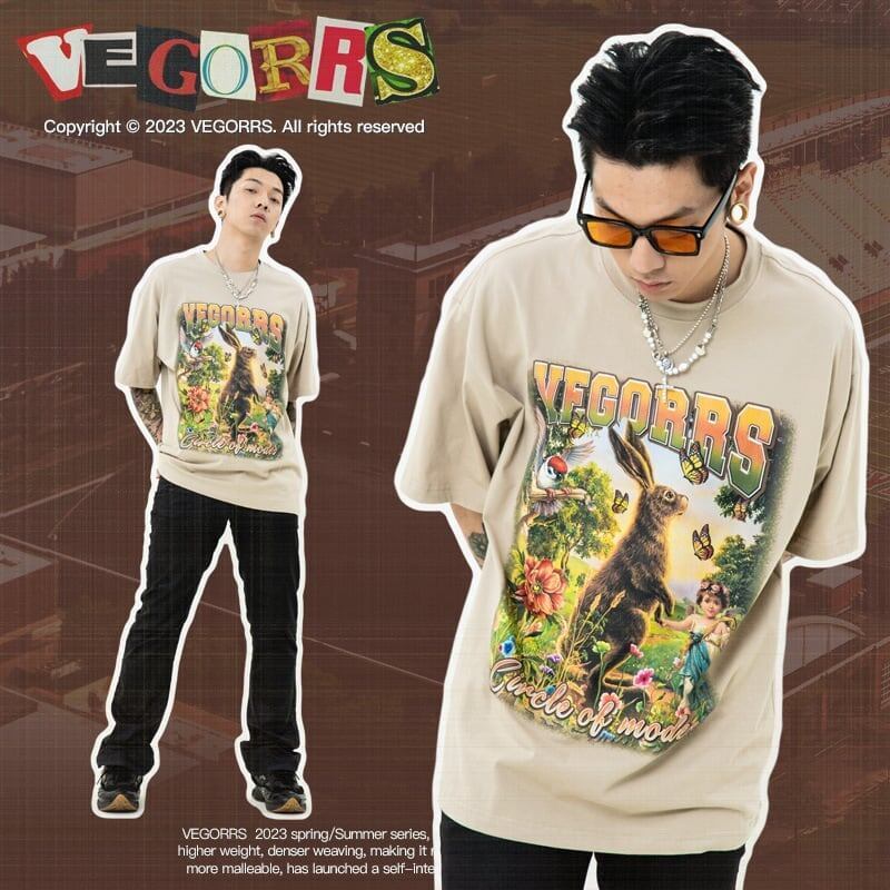 アメリカンレトロ絵画ウサギ半袖Tシャツカップル男女同スタイル<F-2910>