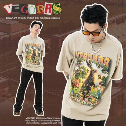 アメリカンレトロ絵画ウサギ半袖Tシャツカップル男女同スタイル<F-2910>