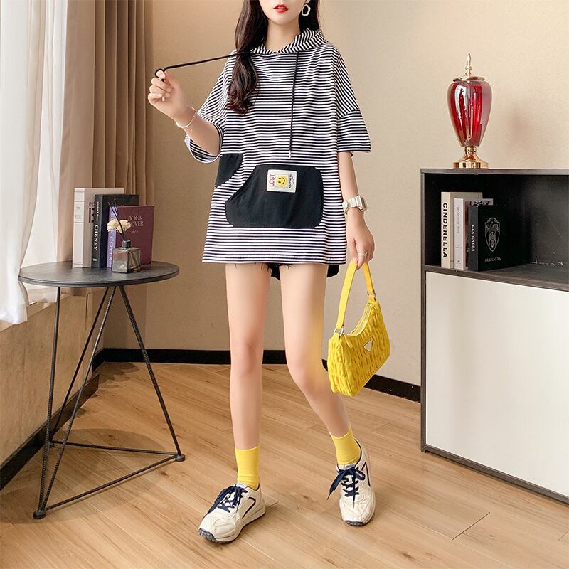 スタイルアップ効果抜群 ストライプ柄 アバンギャルド 切り替え レース プリント全2色 半袖TシャツF-9111