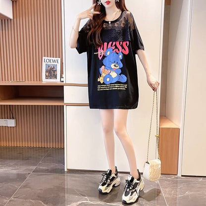 ファッションデザインレースミドル丈半袖Tシャツ<F-3017>