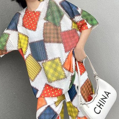 絶対欲しい アイスシルクニット ジオメトリック柄 半袖 Tシャツ ショートパンツ セットアップ ＜F-8983＞