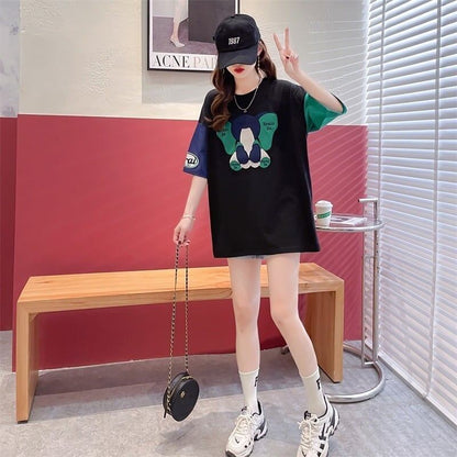 気質漫画カラーマッチング偽ツーピース半袖Tシャツ<F-2997>