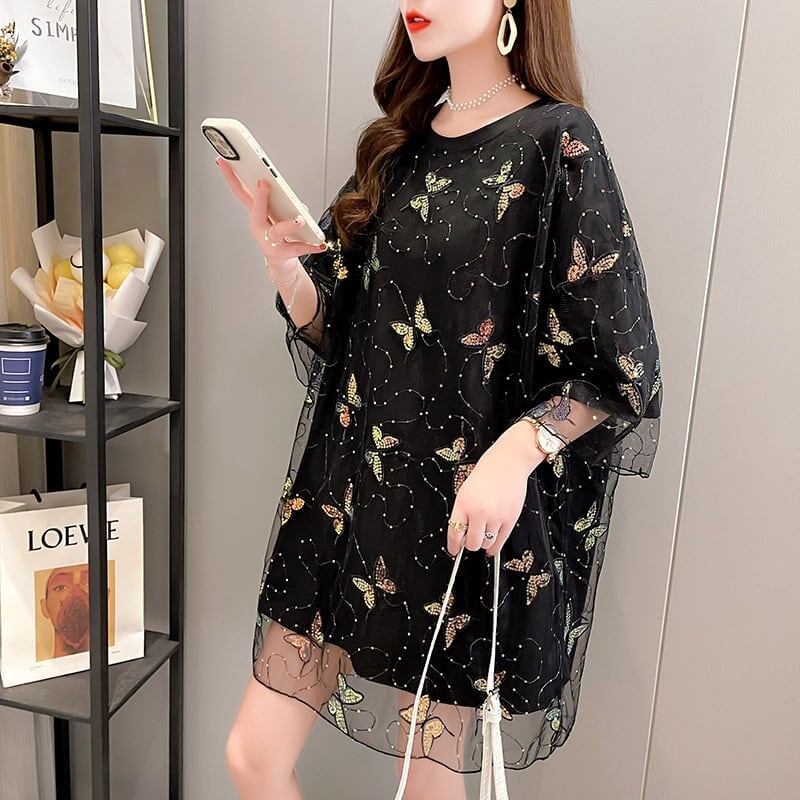 イントレンディなメッシュフェイクツーピースバタフライTシャツルーズトップ<F-2858>