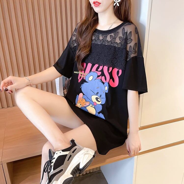 ファッションデザインレースミドル丈半袖Tシャツ<F-3017>