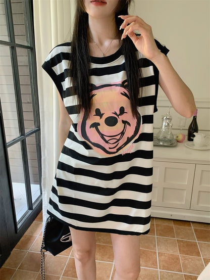 おしゃれ度アップ   ストライプ柄 Tシャツ ゆったり ワンピース＜F-2977＞