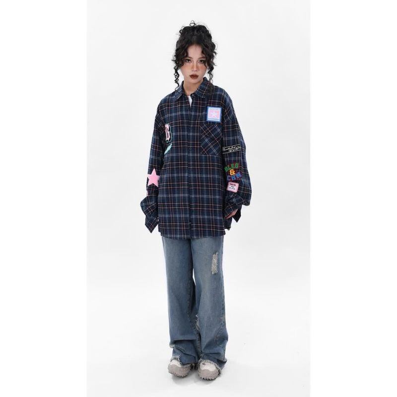 新商品 アバンギャルド 大活躍 カジュアル 刺繍 チェック柄 全2色 男女兼用 シャツ ＜F-9167＞