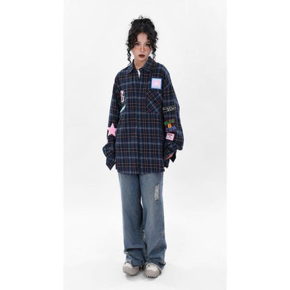 新商品 アバンギャルド 大活躍 カジュアル 刺繍 チェック柄 全2色 男女兼用 シャツ ＜F-9167＞