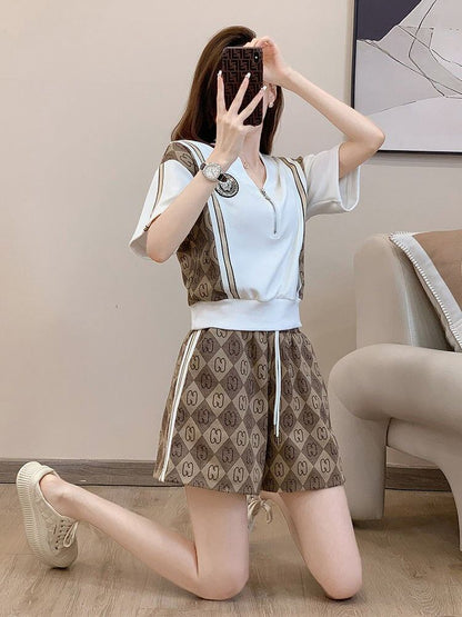 話題沸騰中 上質 おすすめ カジュアル 切り替え 半袖Ｔシャツ ショートパンツ セットアップ <F-8860>
