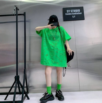 売り切れ必至 ゆったり ファッション感満々 ロング丈 3色半袖Tシャツ＜F-9086＞