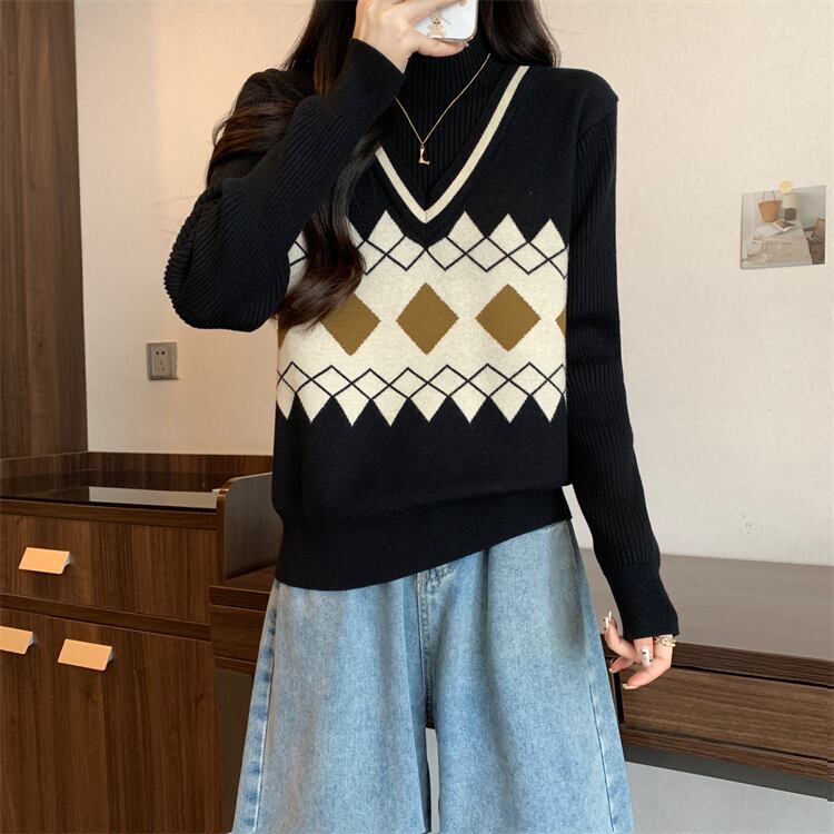 人気上昇中 レイヤード風 おしゃれ度高め 全2色 ニットトップスF-9583