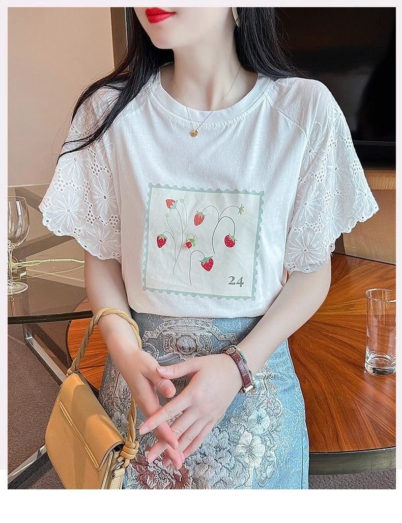 大好評 レース 上質 刺繍 切り替え 全2色 半袖Tシャツ＜F-8869＞