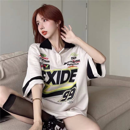 韓国系   POLOネック ロング Tシャツ 三色 ゆったりワンピース＜F-4025＞