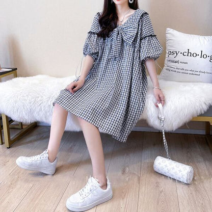 ベストセラーアイテム！絶対欲しい リボン 形が綺麗 チェック柄 ワンピースF-9067