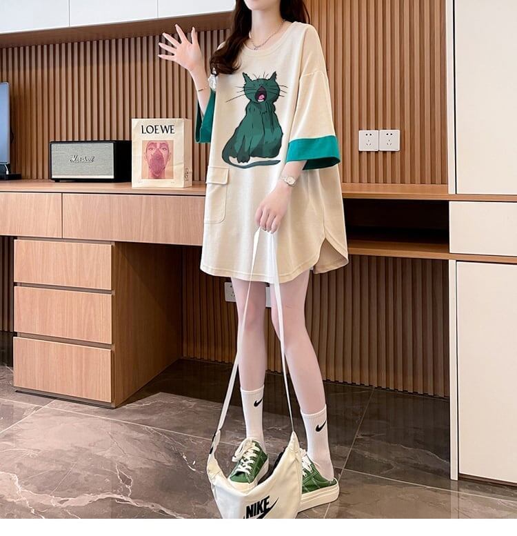 ユニークなデザイン気質のカラーブロック半袖Tシャツ<F-2900>