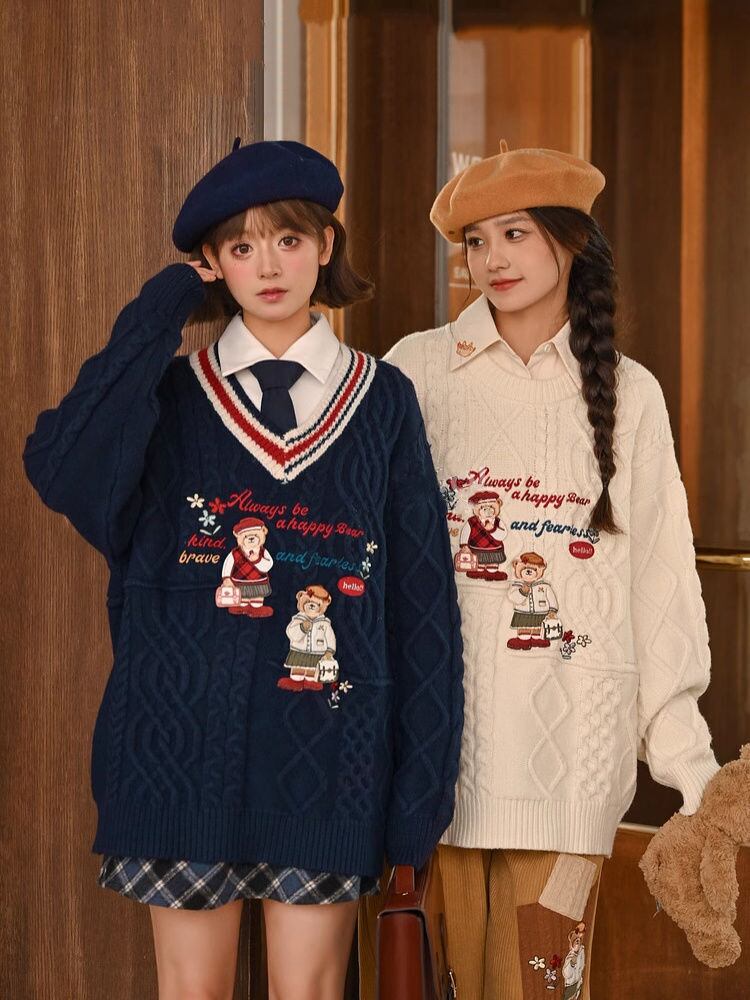 超人気 気質アップ 絶対欲しい Vネック 刺繍 切り替え2色選択 ニットトップスF-9577