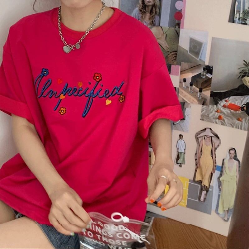 質感のいい アルファベット 刺?ロゴ Tシャツ ローズ ゆったり半袖＜F-2967＞