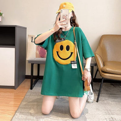 質感のいい ニコちゃん刺繍 スマイル ロング Tシャツ ゆったり半袖 ＜F-2947＞