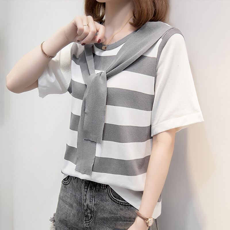 絶対欲しい レイヤード風 エレガント ストライプ柄 全3色半袖 Tシャツ＜F-8799＞