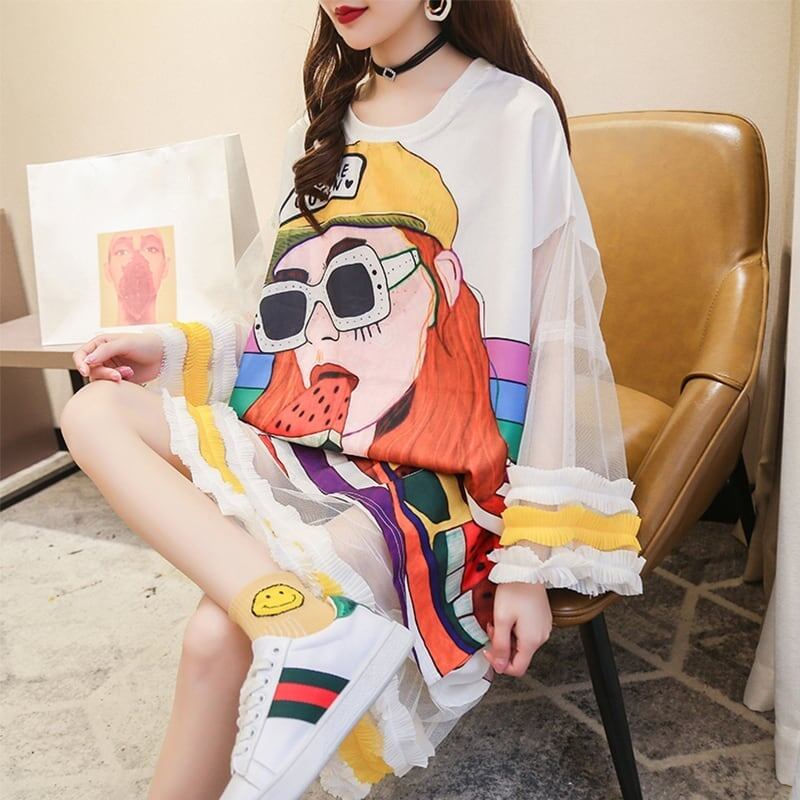【ランキング上位】プリント   お洒落 ロングTシャツワンピース ＜F-887＞