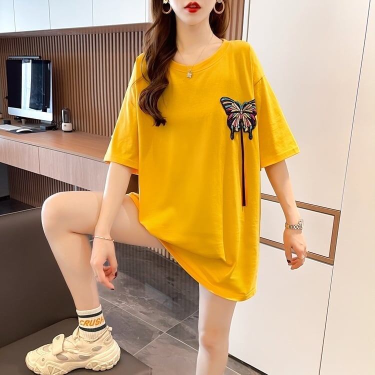 最新デザインセンス刺繍純綿ルーズ半袖Tシャツ<F-2949>