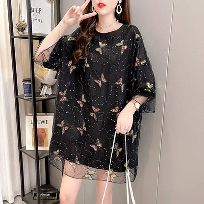 イントレンディなメッシュフェイクツーピースバタフライTシャツルーズトップ<F-2858>
