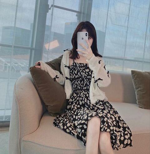 話題沸騰中 柔らかくて優しい印象 おしゃれ度高め リボン 花柄 トップス+ワンピースセットF-9113