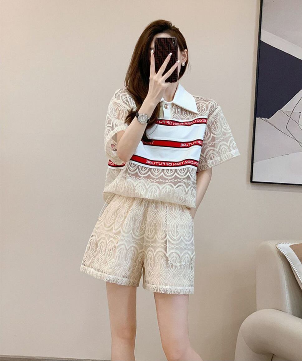 新商品 上品 着心地良い カジュアル 透かし彫り 半袖 Tシャツ ショートパンツ セットアップ ＜F-8785＞