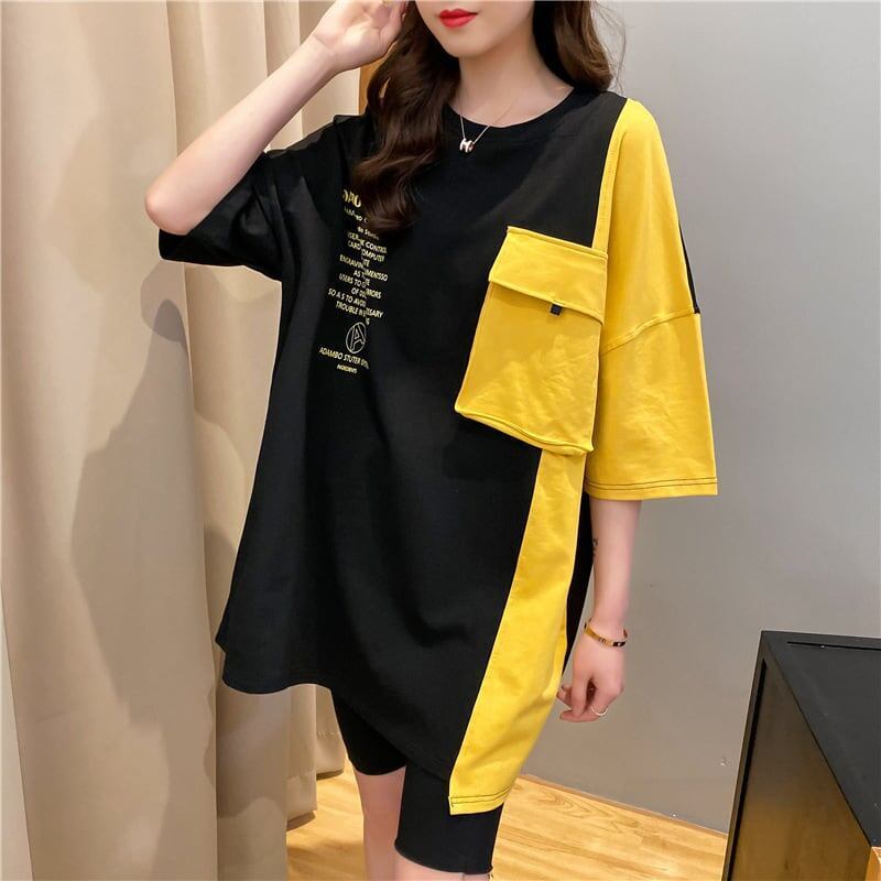 韓国系配色切り替えロングゆったり三色半袖Tシャツ＜F-1625＞