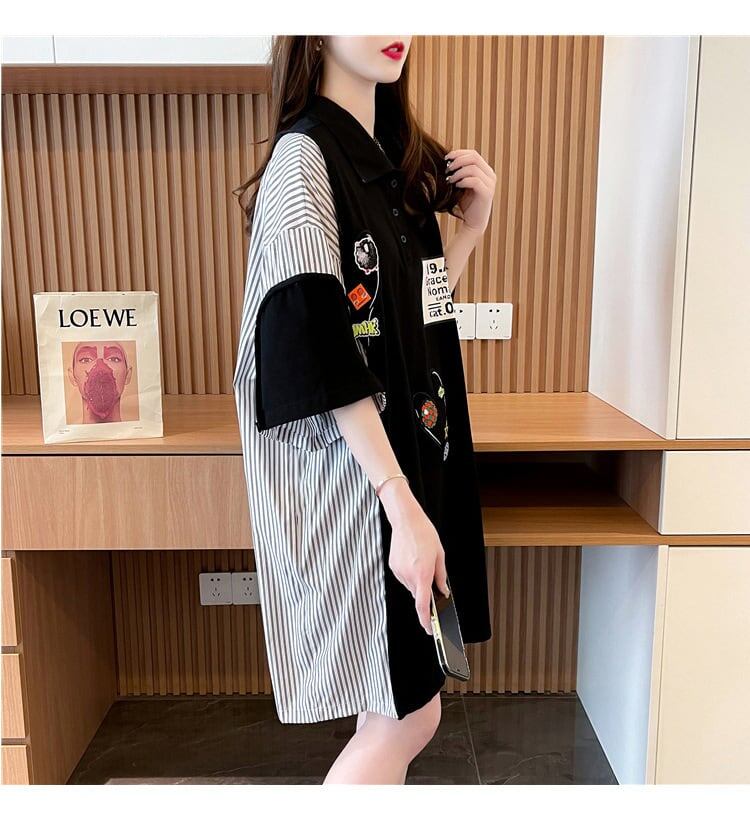 POLOネック 切り替え ストライプ柄 ロング Tシャツ ゆったりワンピース ＜F-3031＞