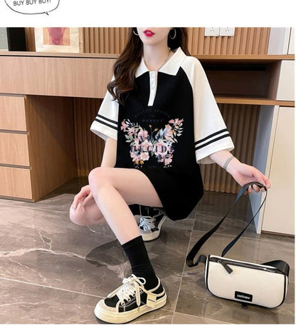 POLOネック   バタフライ ラグランTシャツ ゆったりワンピース ＜F-3023＞