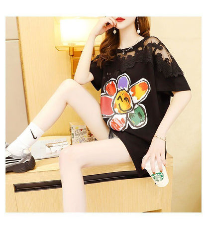 大人可愛い 切り替え レース 透かし彫り プリント全2色 半袖Tシャツ カットソー ＜F-8560＞